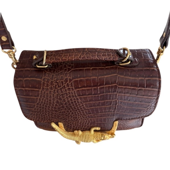 Vintage Cognac Croc Embossed Leather Crossbody Bag - Picture 7 of 13